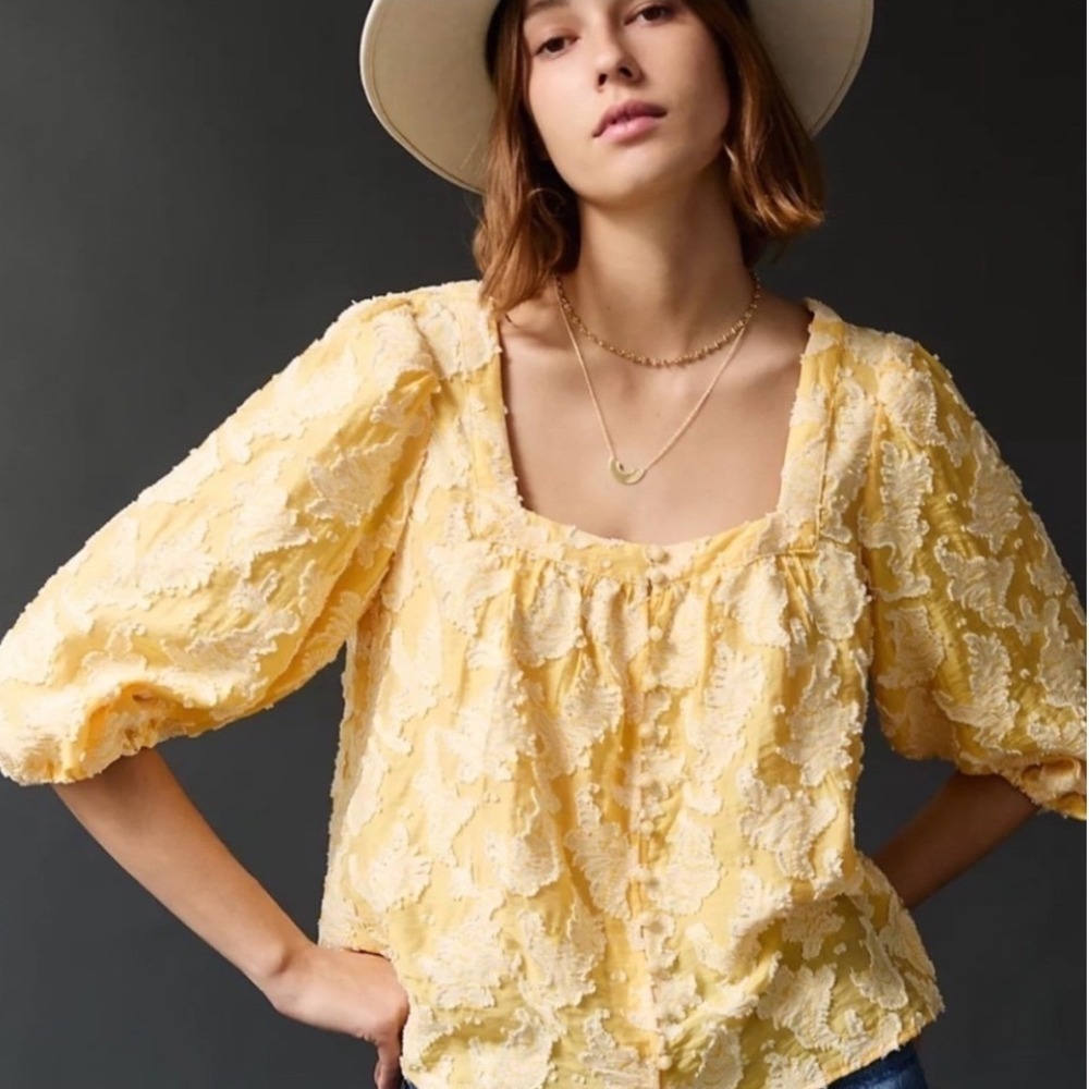 Anthropologie Yvonne Pale Yellow Cream Textured Square-Neck Blouse